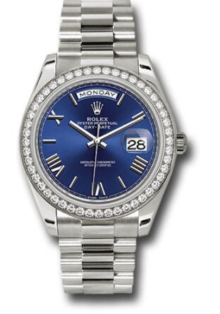 Replica Rolex White Gold Day-Date 40 Watch 228349RBR Bezel Blue Bevelled Roman Dial President Bracelet